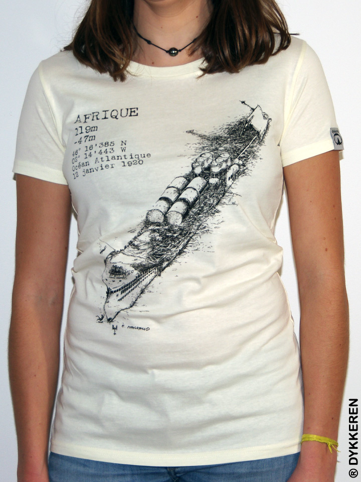 scuba dive t-shirt Afrique with Atlantic ocean wreck by Dykkeren The Eco-Friendly Divewear Fairwear organic cotton