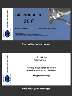 Gift voucher to offer t-shirts and hoodies from Dykkeren the eco-friendly divewear