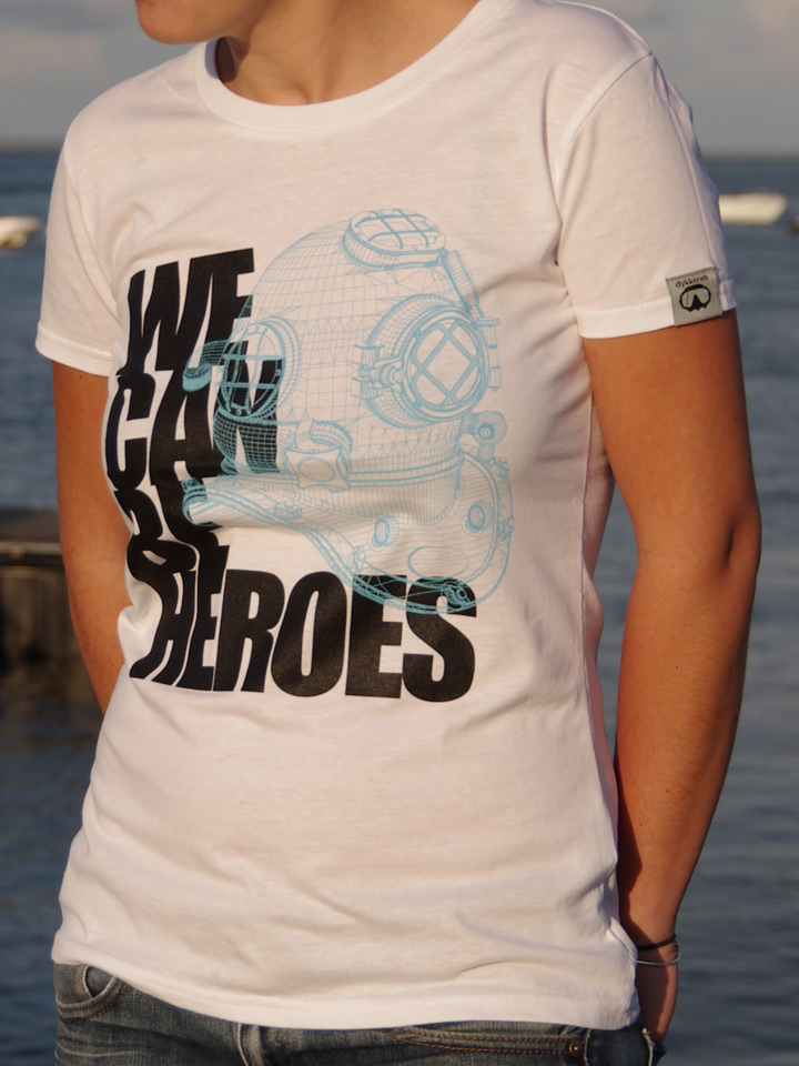 Scuba dive t-shirt Dykkeren The eco-friendly divewear Fairwear organic cotton Heroes diver helmet Piel Kirby Morgan We can be Heroes