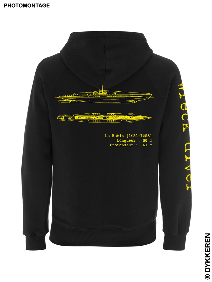 Hoodie zippé plongée épave sous-mari U-boot Le Rubis Cavalaire Mer Méditerranée en coton bio Dykkeren The eco-friendly divewear Fairwear