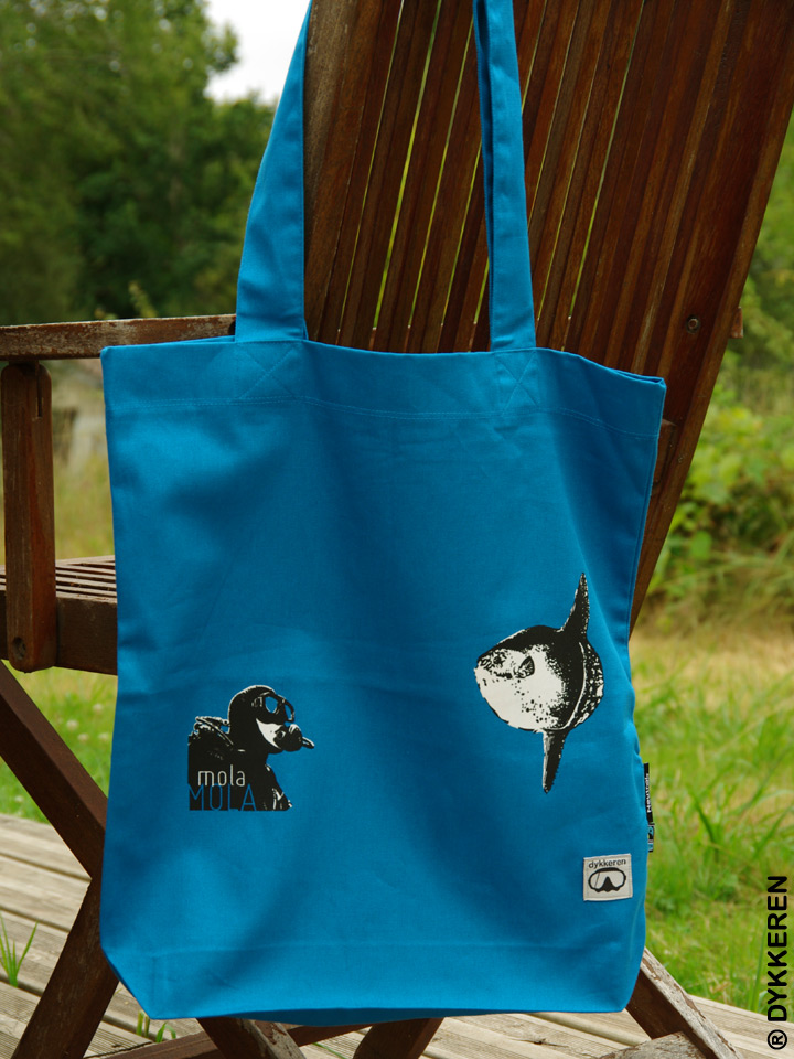 Tote bag sac en tissu plongée mola mola poisson lune et plongeur en coton bio commerce équitable Dykkeren The eco-friendly divewear