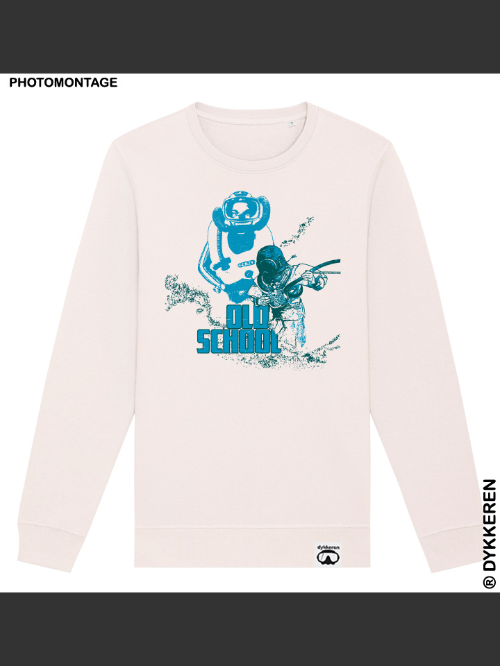 Sweat-shirt plongée vintage avec scaphandrier pieds-lourds, mistral Cousteau et Fenzy en coton bio et polyester recyclé par Dykkeren The eco-friendly divewear Fairwear