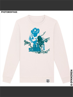 Sweat-shirt plongée vintage avec scaphandrier pieds-lourds, mistral Cousteau et Fenzy en coton bio et polyester recyclé par Dykkeren The eco-friendly divewear Fairwear