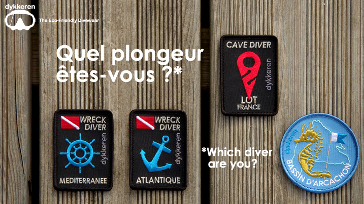 Sewing scuba diving patches for cave divers in the Lot (Ressel, Landenouse), wreck divers, diving in Bassin d'Arcachon with seahorses by Dykkeren The eco-friendly divewear